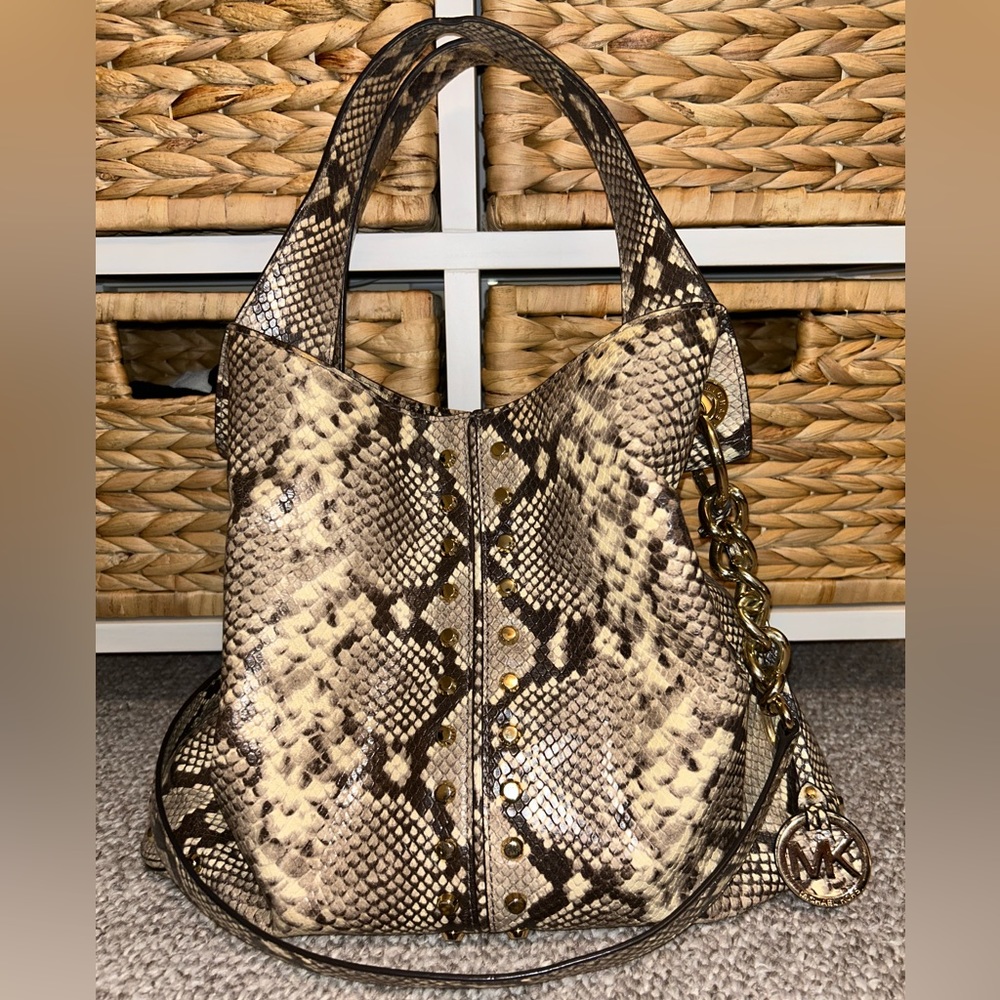 Michael Kors Uptown Astor Studded Embossed Snakeskin Tote
